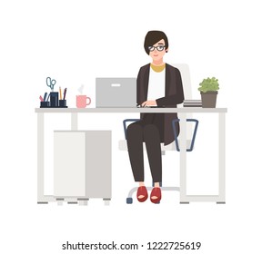 Smiling woman working at office. Female clerk dressed in smart clothes sitting in chair at desk with computer. Funny cartoon character isolated on white background. Vector illustration in flat style.