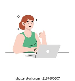 Smiling woman working on computer show thumb recommending online services. Happy female client give recommendation to laptop app. Customer feedback. Flat style vector design illustration