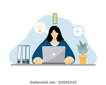 Smiling woman working on computer at her workplace. High motivated employee happy with her job. Office work routine. Business vector flat illustration. 
