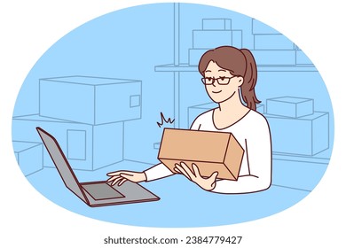 Smiling woman working on computer on warehouse forming orders. Happy female employee busy with packages on storage depot. Vector illustration.