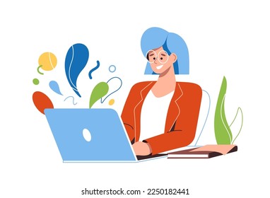 Mujer sonriente trabajando en una laptop con salpicaduras coloridas brillantes. Concepto de creación de ideas, pensamiento innovador, creatividad. Ilustración vectorial plana de cosas creativas