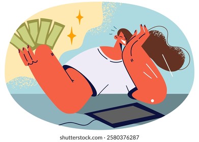 Smiling woman working online on laptop earning money. Happy girl hold banknotes in hands earn on internet on computer. Freelance. Vector illustration.