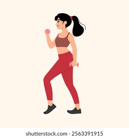 smiling woman working out with pink dumbell illustration 