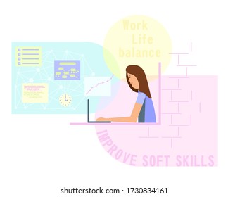 Smiling woman working or studying at home at the computer. Colored bubbles suitable for text and infographic.