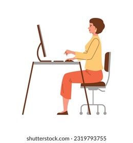 Smiling woman works at computer with straight back flat style, vector illustration isolated on white background. Healthy back and neck, good and correct posture, decorative design element