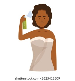 Smiling woman wrapped in towel using dry shampoo on hair after shower