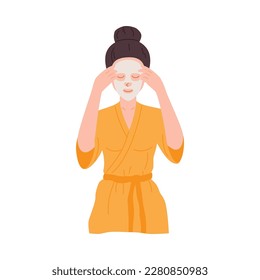 Smiling woman in yellow coat using sheet facial mask flat style, vector illustration isolated on white background. Skin care routine, cosmetic, design element
