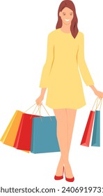 Smiling woman in yellow dress with paper shopping bags in her hands. Vector illustration. Flat style