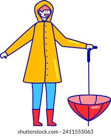 Smiling woman in yellow raincoat and red boots holding an umbrella. Cheerful female enjoying rainy day, wet weather gear. Happiness despite bad weather vector illustration.