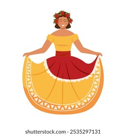 Smiling woman in yellow and red Mexican folk dress, Vector