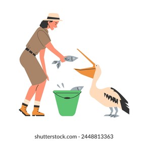 Smiling woman zoologist feeding pelican bird with fish flat style, vector illustration isolated on white background. Decorative design element, nature and care about animals