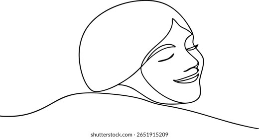 Smiling woman's face in continuous line art with closed eyes flowing hair on smile