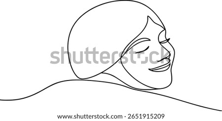 Smiling woman's face in continuous line art with closed eyes flowing hair on smile