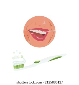 Smiling  woman's mouth image See teeth that look healthy With flossing teeth and toothbrush with toothpaste on top on white background .Vector isolate  flat design. Idea for dental clinic or cosmetic 