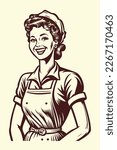 Smiling women with chef hat and apron. Hand drawn vintage engraving style woodcut vector illustration Eps 10