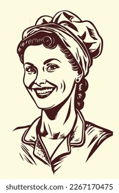 Smiling women with chef hat and apron. Hand drawn vintage engraving style woodcut vector illustration Eps 10