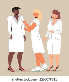 Smiling women doctors, nurses vector. Paramedics in uniform. Distance medical conference. Clinic, doctor webinar, medicine blog illustration. Pharmacist helps to buy medication