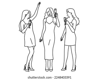 Mujeres sonrientes vestidas bebiendo champán disfrutando de una fiesta. Chicas felices celebrando con el trago en las manos. Ilustración vectorial. 