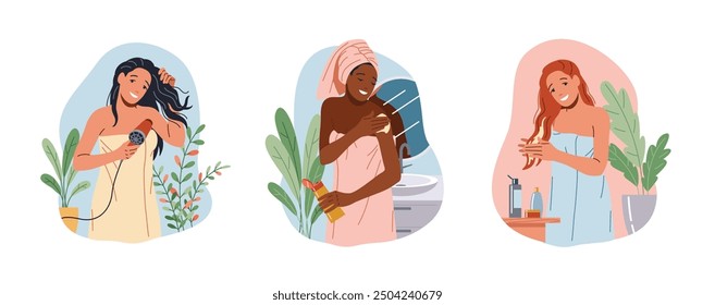 Smiling women enjoying spa treatment in bathroom flat color vector icon set. Relaxed female taking care of body and hair after shower illustration pack