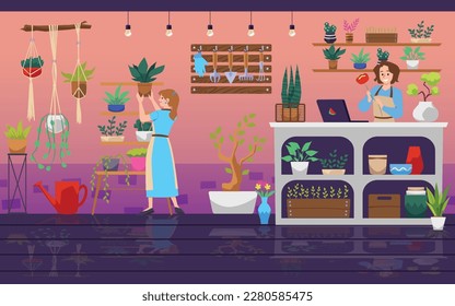 Smiling women florist and assistant working at flower shop flat style, vector illustration. Interior, people making bouquets and caring for flowers, florist equipment