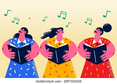 Smiling women have fun sing in choir together. Happy young female singers or artists perform on stage in musical ensemble. Music lover. Hobby, entertainment. Vector illustration. 