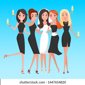 Lächelnde Frauen umarmten sich, bachelorette Party. Happy Braut mit Weibchen stehend, Damen mit Kleid, das Champagner hält, Hennparty, Vektor