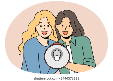 Smiling women with megaphone in hands announce good deal or offer. Happy girls scream in loudspeaker tell about sale or promotion. Vector illustration.