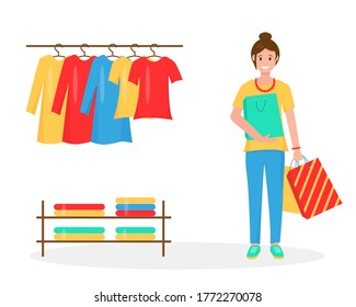 Smiling women with shopping bags. New clothes on hangers in the store. Summer sales or shopping concept. Bright vector illustration on white background.
