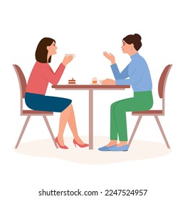 Smiling women sit at the table and chat in a cafe. Female friends drinking tea ot coffee together. People enjoying coffee break in public place, conversation, eating. Vector illustration
