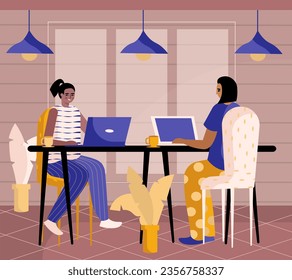 Mujeres sonrientes sentadas en la mesa, trabajando en una laptop en la oficina. Concepto de espacio de trabajo para diferentes trabajadores. Ilustración vectorial plana en colores amarillo y púrpura