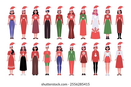 A smiling women is standing in a Christmas hat and festive clothing. Christmas theme. Vector set in a flat style