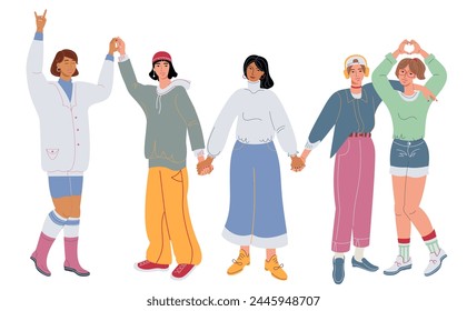 Smiling women standing together and holding hands. Group of female friends. Union of feminists. Multinational sisterhood community. Flat graphic vector illustration isolated on white background.