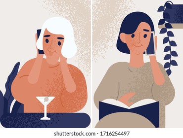 Smiling women talking with each other on phone. Friends communication through smartphone. People distant conversation, dialog scene. Colorful vector illustration in flat cartoon style