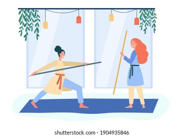 Smiling women training Asian martial arts. Body, stick, wellbeing flat vector illustration. Healthcare and sport activity concept for banner, website design or landing web page