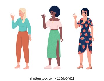 Smiling women waving hands semi flat color vector character set. Standing figures. Full body people on white. Simple cartoon style illustration collection for web graphic design and animation