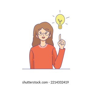 Smiling women wearring glasses pointing up with light bulb on above. Person got an idea. Creativity theme illustration. Isolated on white background.