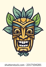 máscara de tiki de madera sonriente imagen del logo dibujado a mano tribal