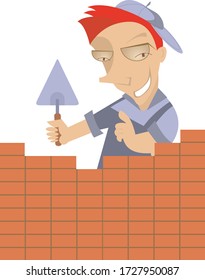 Smiling worker builds a brick wall illustration. Cartoon bricklayer with a trowel stands beyond the brick wall isolated on white
