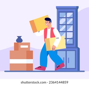 Smiling worker carrying 2 big parcels. Worker helping client to moving to new place. Work as loader. Moving concept. Flat vector illustration in blue colors in cartoon style