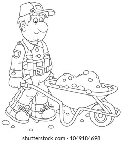 Smiling worker carrying sand in a wheelbarrow, a black and white vector illustration in cartoon style for a coloring book