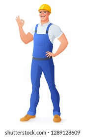 Smiling worker in coveralls and hard hat showing OK hand sign gesture. Full length cartoon style vector illustration isolated on white background EPS10.