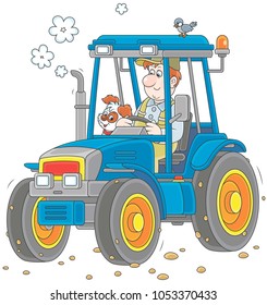 Smiling worker driving his wheeled tractor, a vector illustration in cartoon style