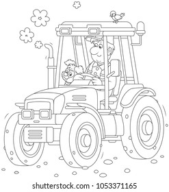 Smiling worker driving his wheeled tractor, a black and white vector illustration in a cartoon style for a coloring book