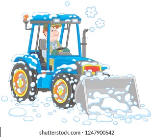 Smiling worker driving his wheeled tractor grader with a bucket and cleaning snow after snowfall, vector illustration in cartoon style