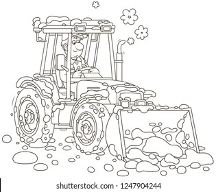 Smiling worker driving his wheeled tractor grader with a bucket and cleaning snow after snowfall, black and white vector illustration in cartoon style