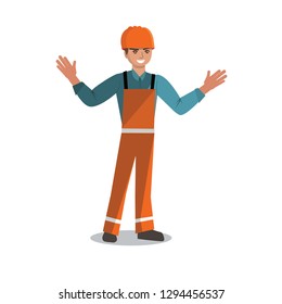 Smiling worker in helmet present  amount of construction work 