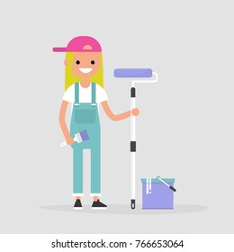 Trabalhador sorridente segurando um cilindro de tinta. Renovando a casa. Jovem personagem vestindo um macacão. Ilustração vetorial editável plana, clip-art