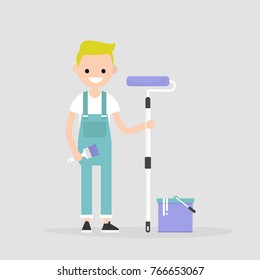 Smiling worker holding a paint roller. Renovating the house. Young character wearing a jumpsuit. Flat editable vector illustration, clip art