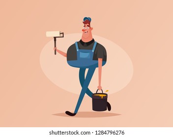 Smiling Worker Holding Roller and Bucket of Paint. Cartoon Style. Vector Illustration