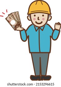 A smiling worker man holding cash and making a guts pose.
